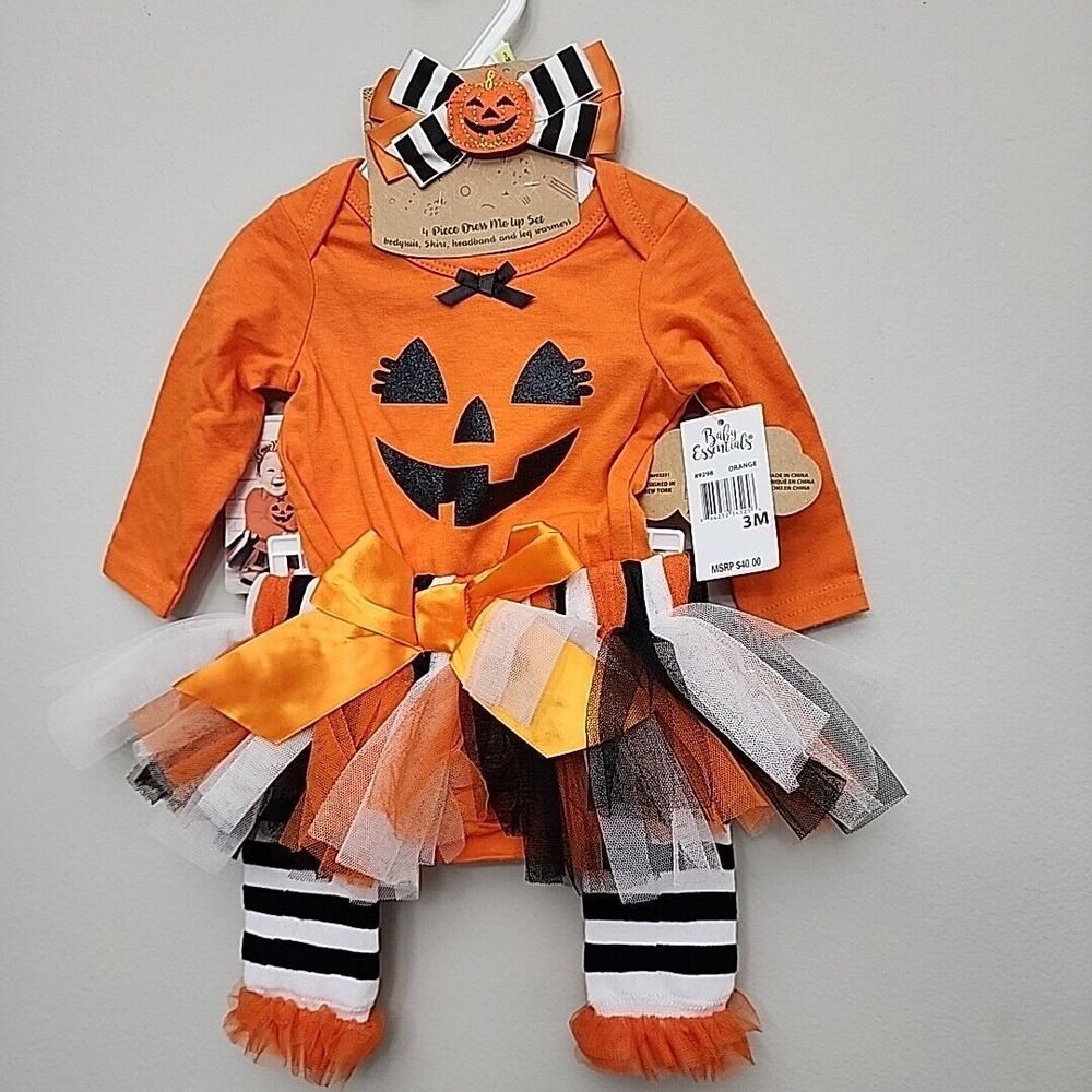 Baby Pumpkin 4 Pc Fall/Halloween Set: Skirt Tutu Bow Top Leg warmers 3 Month